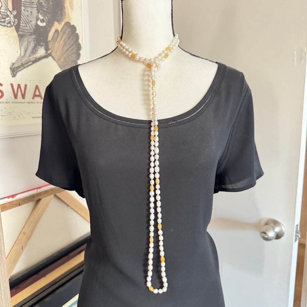 Flapper Length Cultured Pearl and Peach Gemstone Necklace Knotted Beachy Summery - Picture 12 of 16
